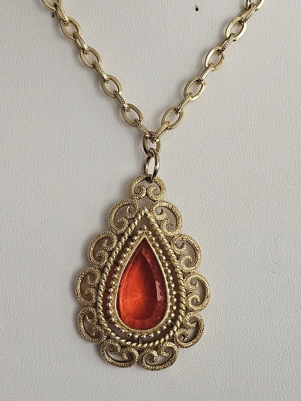 Vintage Avon Gold-Tone Necklace with Red Teardrop Pendant